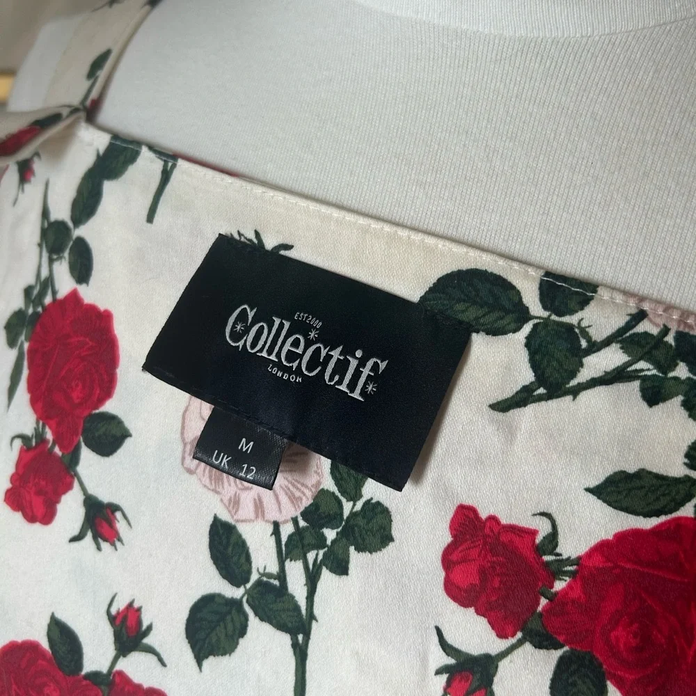 Collectif Red and White Floral Midi Dress Fits US 6-8. - Picture 4 of 6